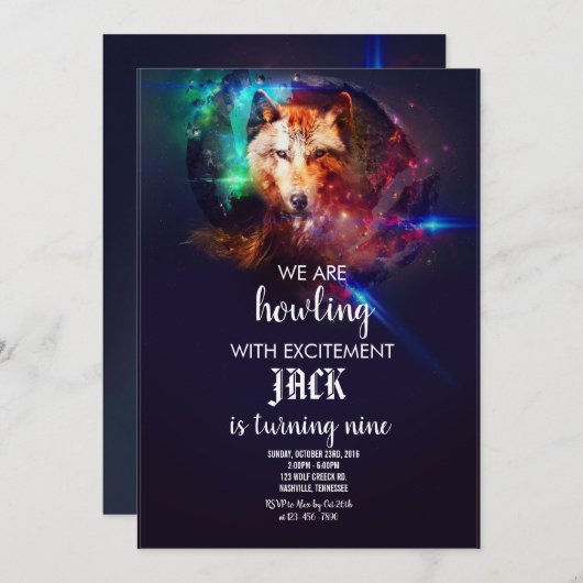 Cosmic Wolf | Uitnodiging voor verjaardagsfeestje (Voorkant / Achterkant)
