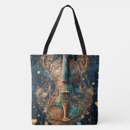 Cosmisch blauwe en gouden viool grote tote bag