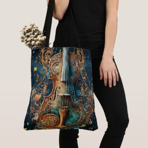 Cosmisch blauwe en gouden viool grote tote bag