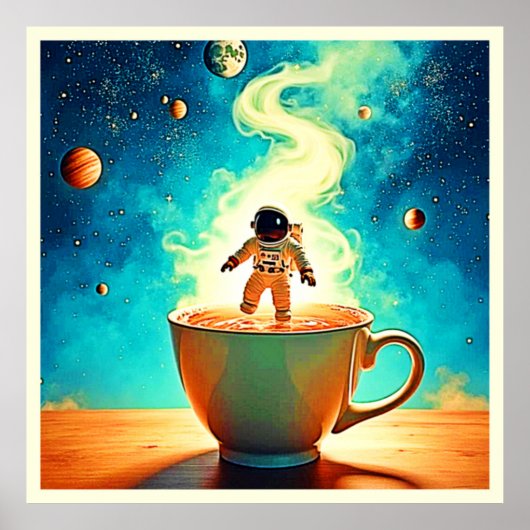 Cosmische Brouwsel: Astronaut's Koffiedroom Poster (Voorkant)