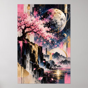 Cosmische Sakura Vergulde Vortex Roze Goud Galaxy Poster