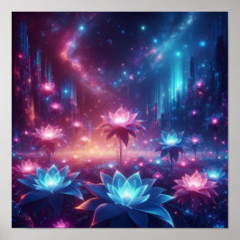 Cosmische Tuin van Lichtgevende Bloeiende Bloemen Poster