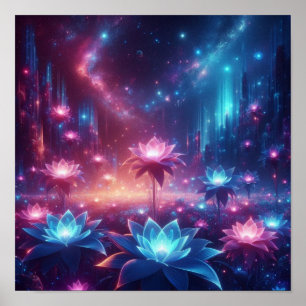 Cosmische Tuin van Lichtgevende Bloeiende Bloemen Poster