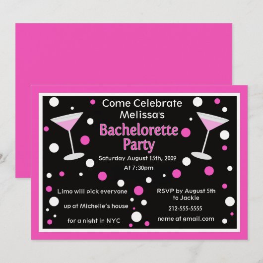 Cosmo Bachelorette Invite Kaart (Voorkant / Achterkant)