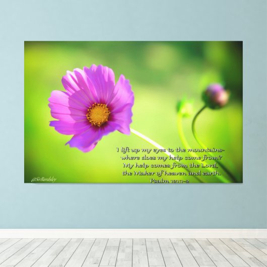 Cosmo bloem met Bijbelse Psalmen 121:1-2 Canvas Afdruk (Insitu (Houten vloer))