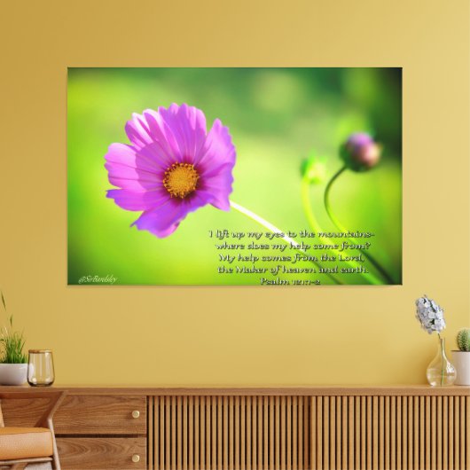 Cosmo bloem met Bijbelse Psalmen 121:1-2 Canvas Afdruk (Insitu (Woonkamer))