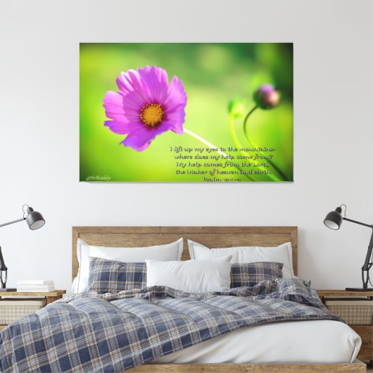 Cosmo bloem met Bijbelse Psalmen 121:1-2 Canvas Afdruk (Insitu (Slaapkamer))