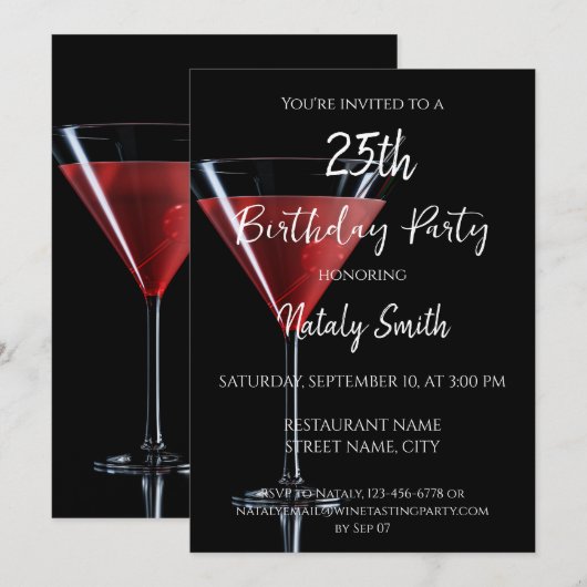 Cosmopolitan cocktail met kers op zwart kaart (Voorkant / Achterkant)