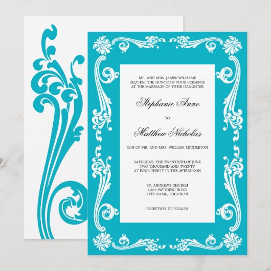 Cosmopolitan Flourish Swirls Wedding Kaart (Voorkant / Achterkant)