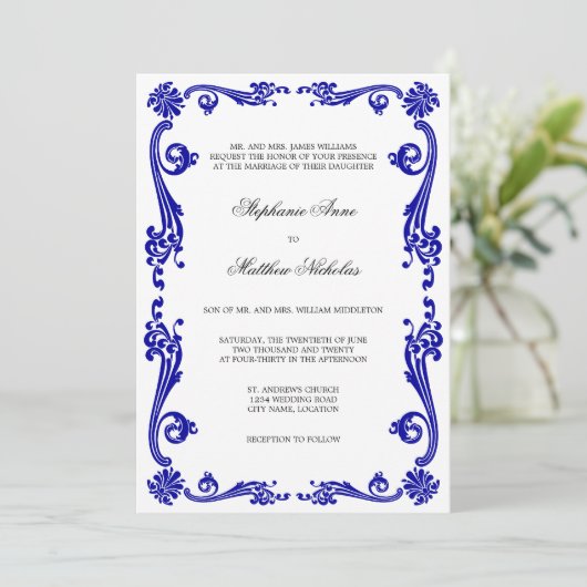 Cosmopolitan Royal Blue Flourish Swirls Wedding Kaart (Staand voorkant)