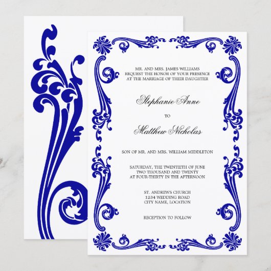 Cosmopolitan Royal Blue Flourish Swirls Wedding Kaart (Voorkant / Achterkant)