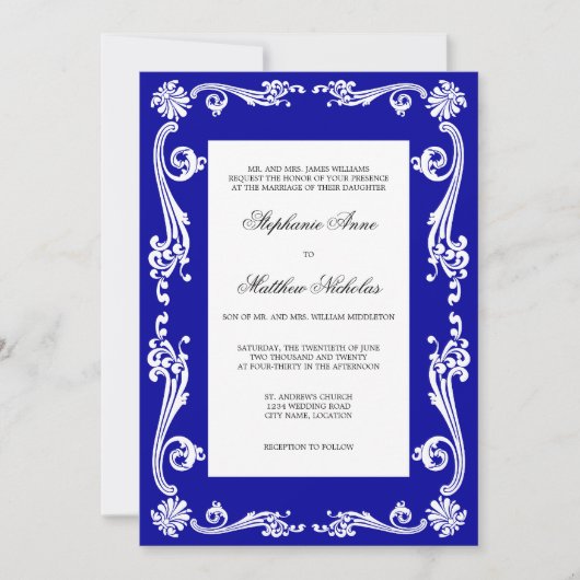 Cosmopolitan Royal Blue Flourish Swirls Wedding Kaart (Voorkant)