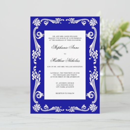 Cosmopolitan Royal Blue Flourish Swirls Wedding Kaart (Staand voorkant)