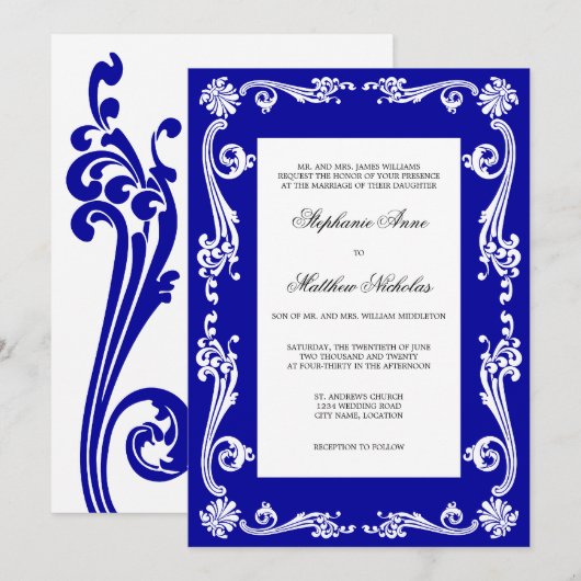 Cosmopolitan Royal Blue Flourish Swirls Wedding Kaart (Voorkant / Achterkant)