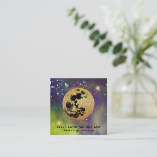 *~* Cosmos Gold Moon Aurora Borealis Glitter Stars Vierkante Visitekaartje (Staand voorkant)