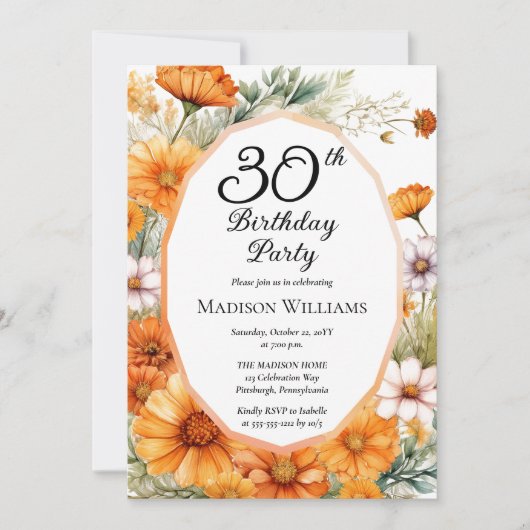 Cosmos | Marigolds Floral 30th Birthday Party Kaart (Voorkant)