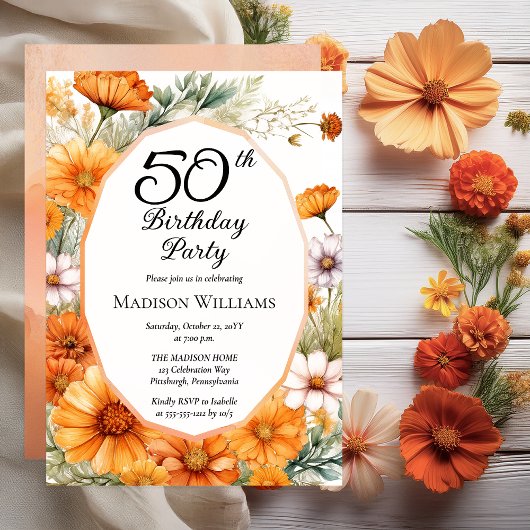 Cosmos | Marigolds Floral 50th Birthday Party Kaart