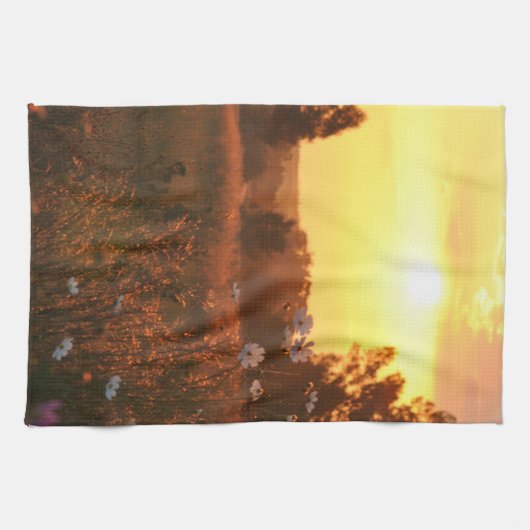 Cosmosbloemen bij zonsondergang theedoek (Horizontaal)