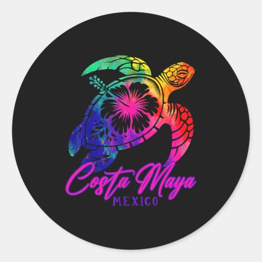 Costa Maya Mexico Tie Dye Sea Turtle Hibiscus Beac Ronde Sticker (Voorkant)