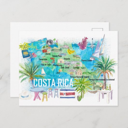 Costa Rica Afbeelding reiskaart met wegen Briefkaart (Voorkant / Achterkant)