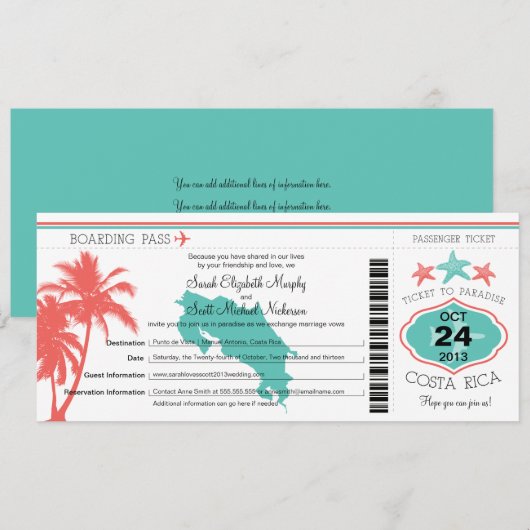 Costa Rica Boarding Pass bruiloft Kaart (Voorkant / Achterkant)