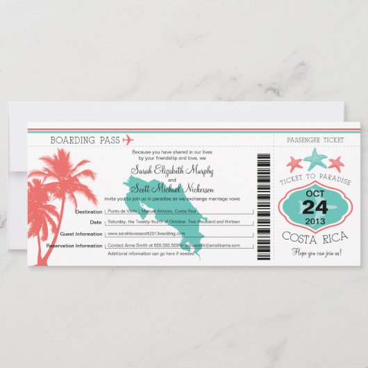 Costa Rica Boarding Pass bruiloft Kaart (Voorkant)