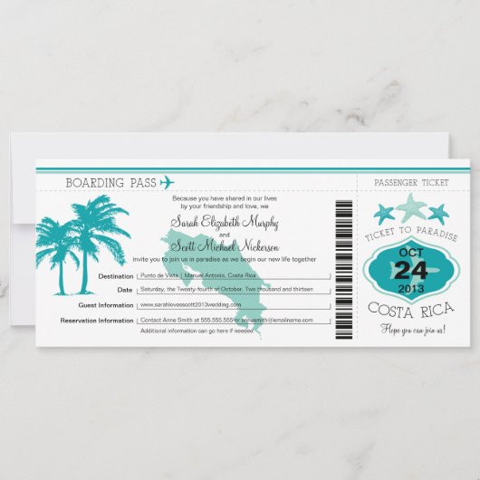 Costa Rica Boarding Pass bruiloft Kaart (Voorkant)
