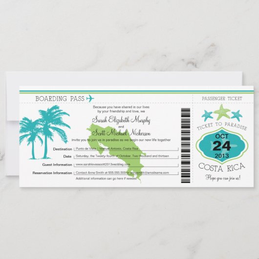 Costa Rica Boarding Pass Wedding Kaart (Voorkant)