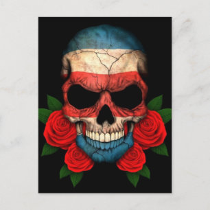Costa Rica Flag Skull met rode rozen Briefkaart