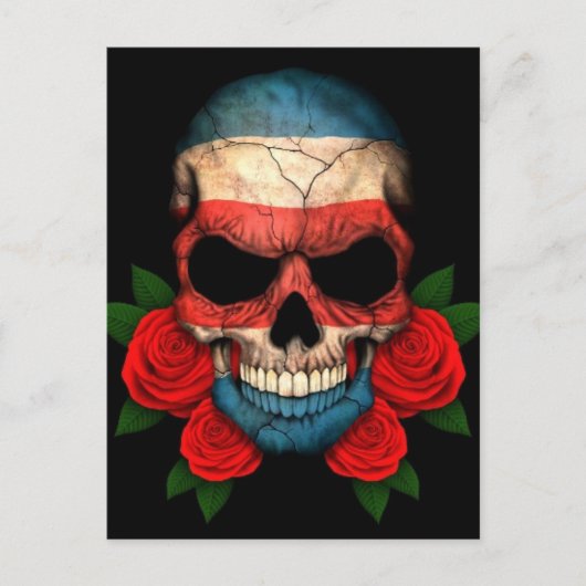 Costa Rica Flag Skull met rode rozen Briefkaart (Voorkant)