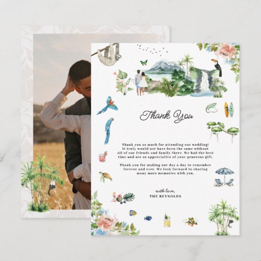 Costa Rica | Geïllustreerde bruiloft dank u Bedankkaart (Voorkant / Achterkant)