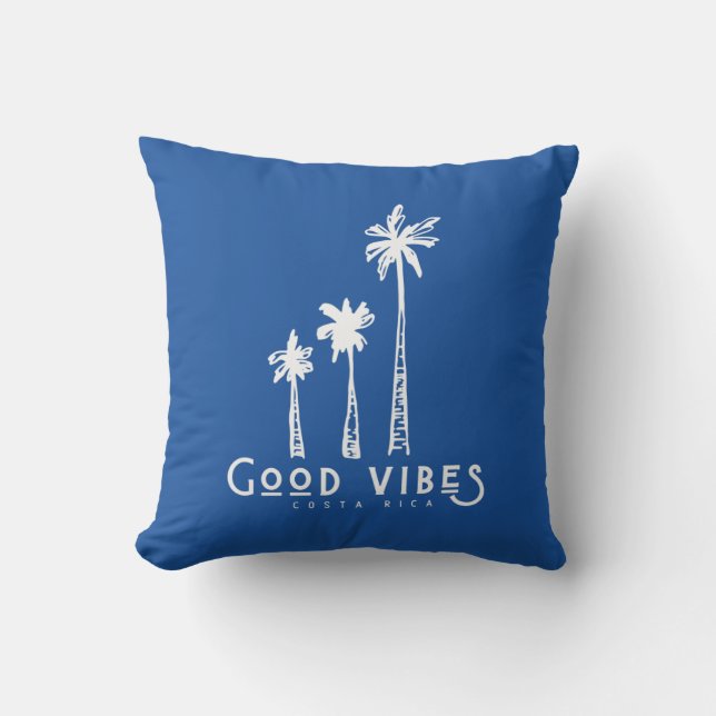Costa Rica Good Vibes Palm Tree Blue Stripe Buitenkussen (Voorkant)