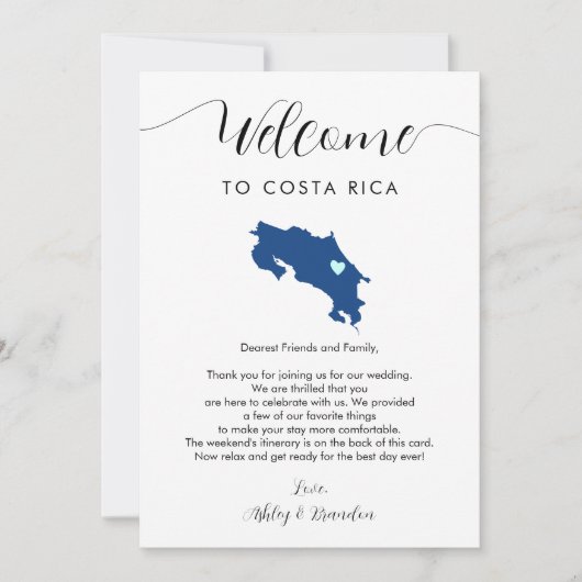 Costa Rica Kaart Bruiloft Welkomstbrief Route (Voorkant)