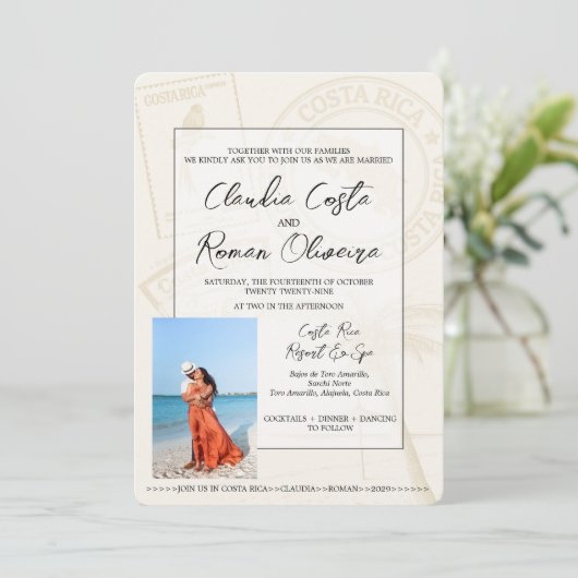 Costa Rica Paspoort Trouw Uitnodiging Champagne (Staand voorkant)
