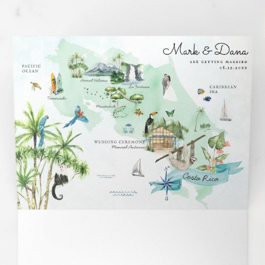 Costa Rica | Reizigersroute bestemming Drieluik Uitnodiging (Binnenzijde eerst)