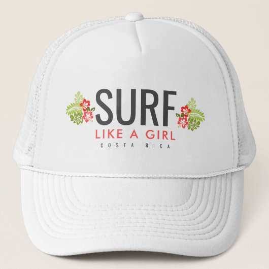 Costa Rica Surf als een meisje met hibiscus Trucker Pet (Voorkant)