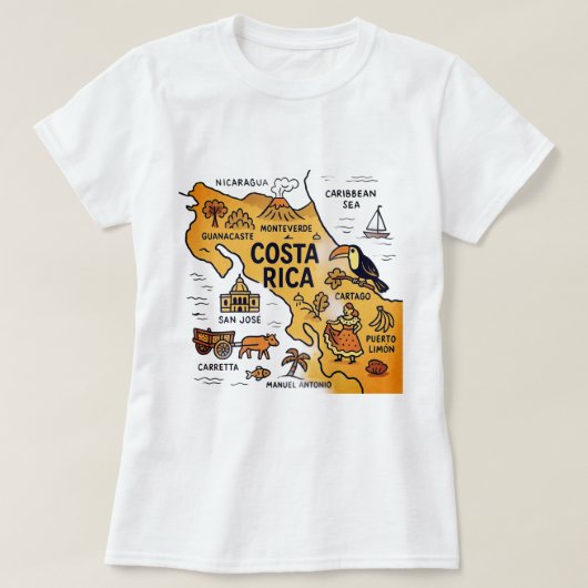 Costa Rica vintage reiskaart T-shirt (Design voorkant)