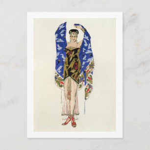 Costume design voor een dansende meid (kleurenlith briefkaart