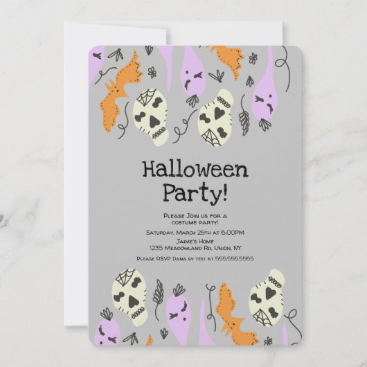 Costume Halloween Party Ghost Skull Doodles Grey Kaart (Voorkant)