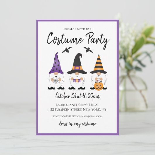 Costume Party Halloween Gnomes Paars Sinaasappel Kaart (Staand voorkant)