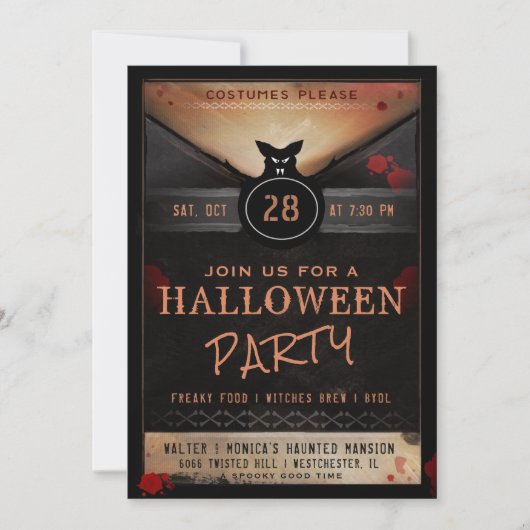 Costume Party Spooky Bat Halloween Party Invite Kaart (Voorkant)