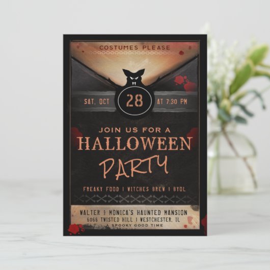 Costume Party Spooky Bat Halloween Party Invite Kaart (Staand voorkant)