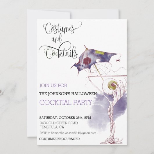 Costumes & Cocktails Halloween Party Waterverf Kaart (Voorkant)