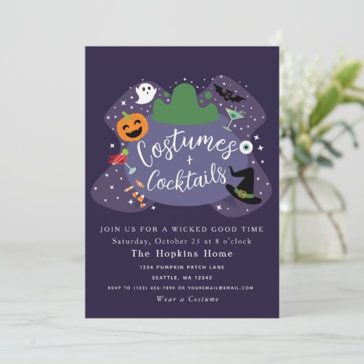 Costumes en Cocktails Cauldron Halloween Party Kaart (Staand voorkant)