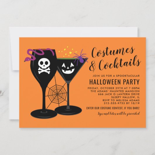 Costumes en Cocktails Oranje Halloween Party Kaart (Voorkant)