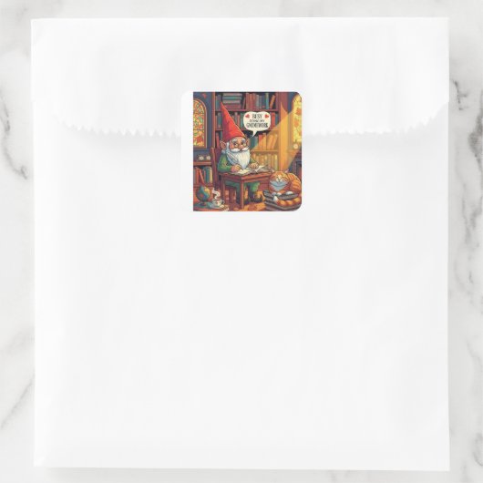 Cosy gnome doing his gnomework vierkante sticker (Tas)