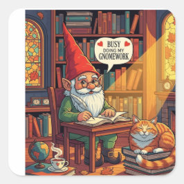 Cosy gnome doing his gnomework vierkante sticker
