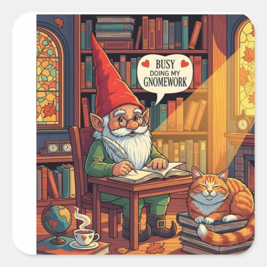 Cosy gnome doing his gnomework vierkante sticker (Voorkant)