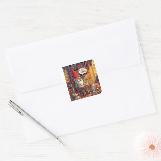 Cosy gnome doing his gnomework vierkante sticker (Envelop)