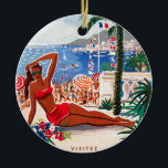 Cote D'Azur Beach Girl Keramisch Ornament<br><div class="desc">Franse en Europese reisadvertenties - Beach,  village,  people,  blue zee and sky-illustratie</div>